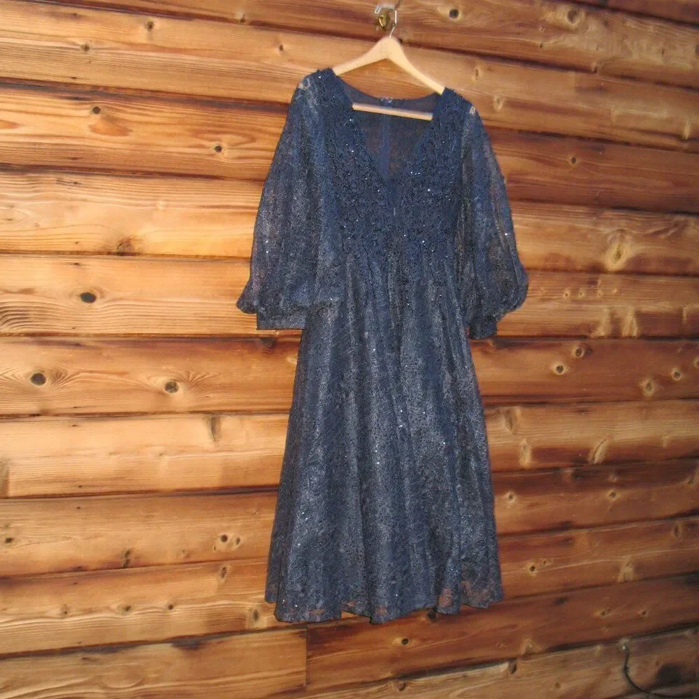 MAC DUGGAL 20391 Womens Blue Embellished Plunge Neck Bishop Sleeve Midi Dress